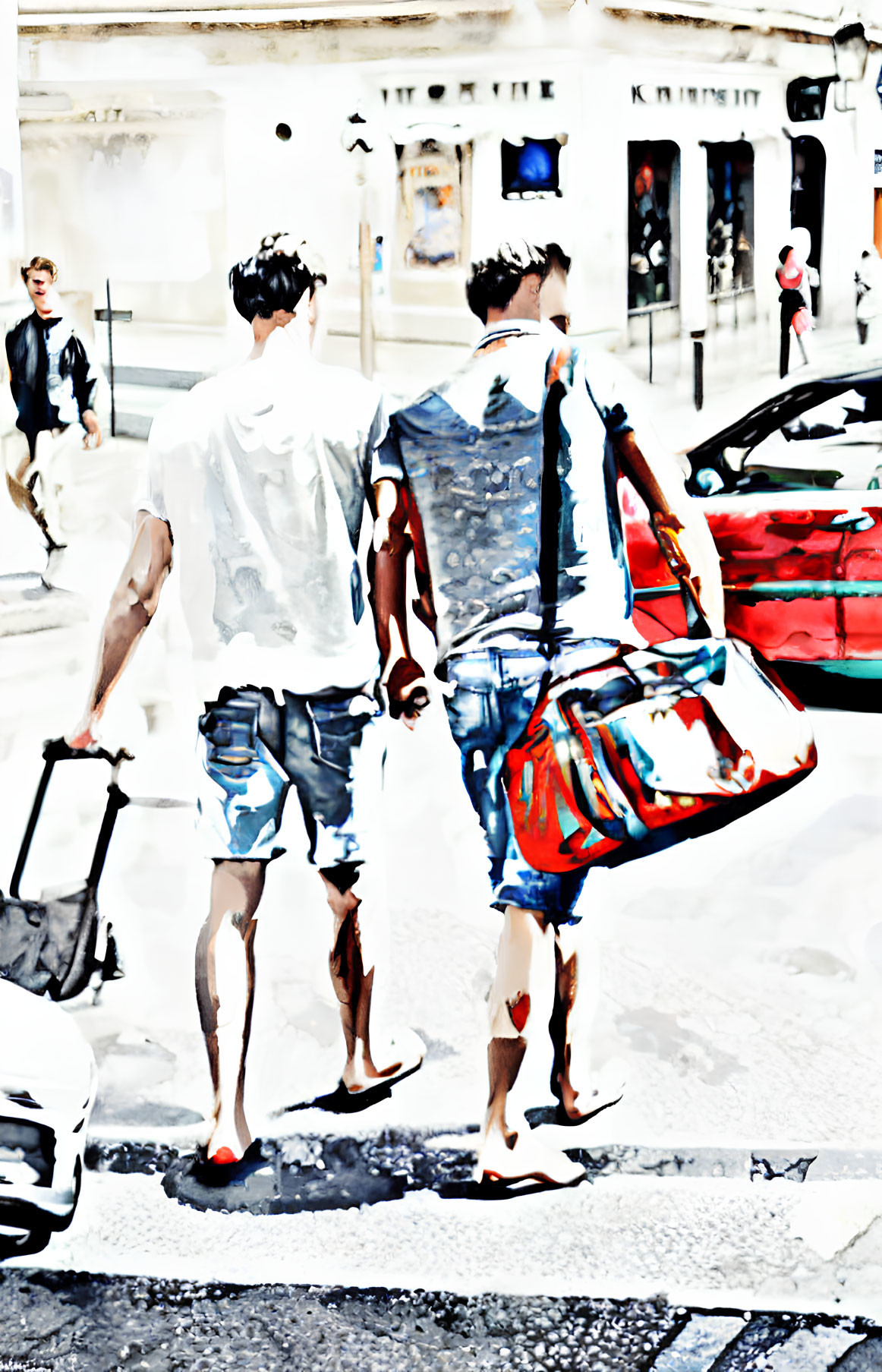 Two people crossing street with stylized, painting-like effects carrying bag and pulling suitcase