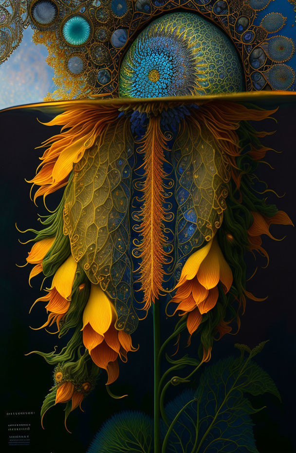 Detailed digital artwork: Stylized sunflower with intricate patterns on dark background