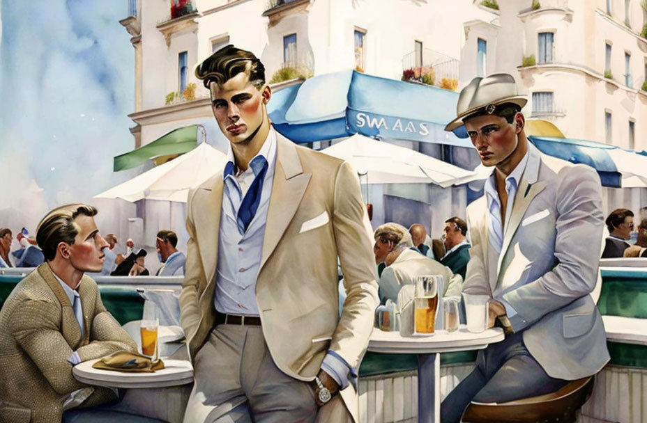 Elegant vintage attire on three men in chic outdoor cafe setting