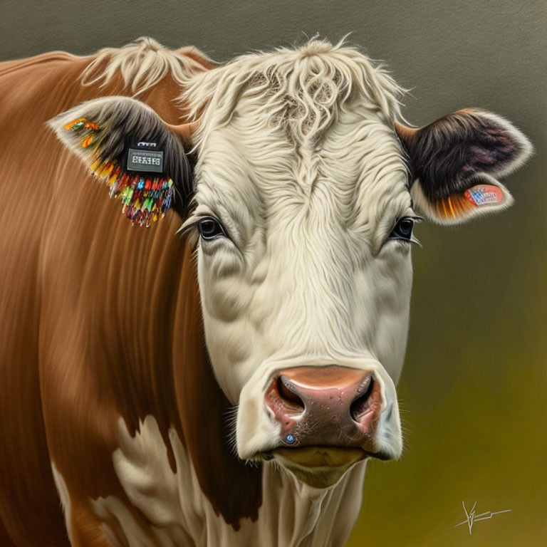 Brown and white cow with ear tags in close-up against green background