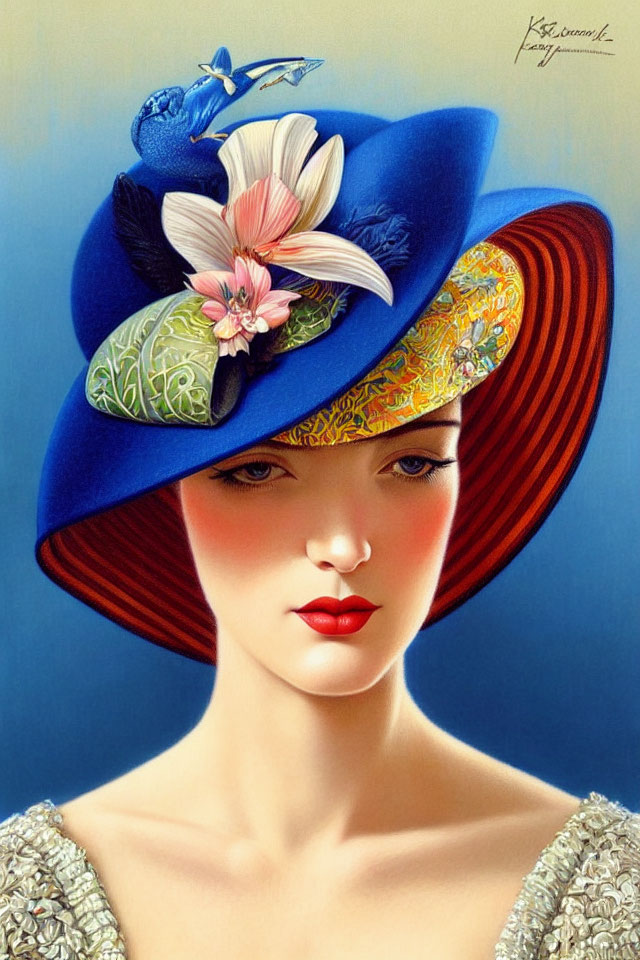 Portrait of woman with red lips in stylish blue hat with flowers and bird on blue background