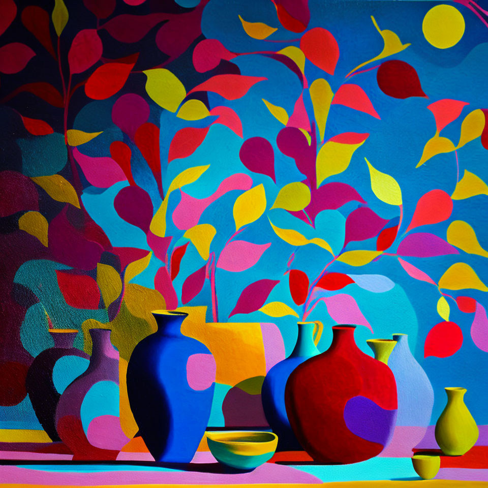 Colorful Still Life Painting with Abstract Foliage and Vases