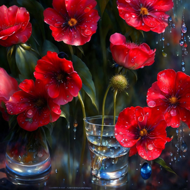 Vibrant red poppies and water droplets on dark background