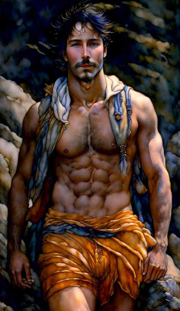 Muscular fantasy warrior with majestic beard & orange sash
