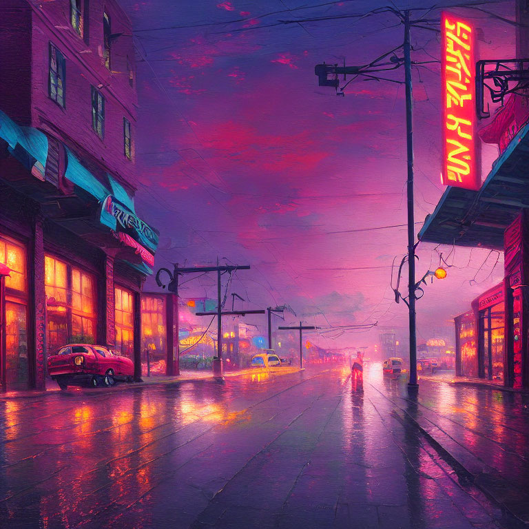 Neon-lit street on rainy evening with vibrant sky