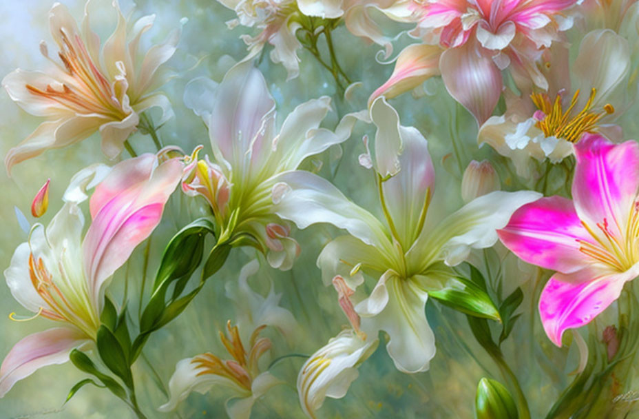 Translucent Pink and White Lilies in Dreamy Floral Scene