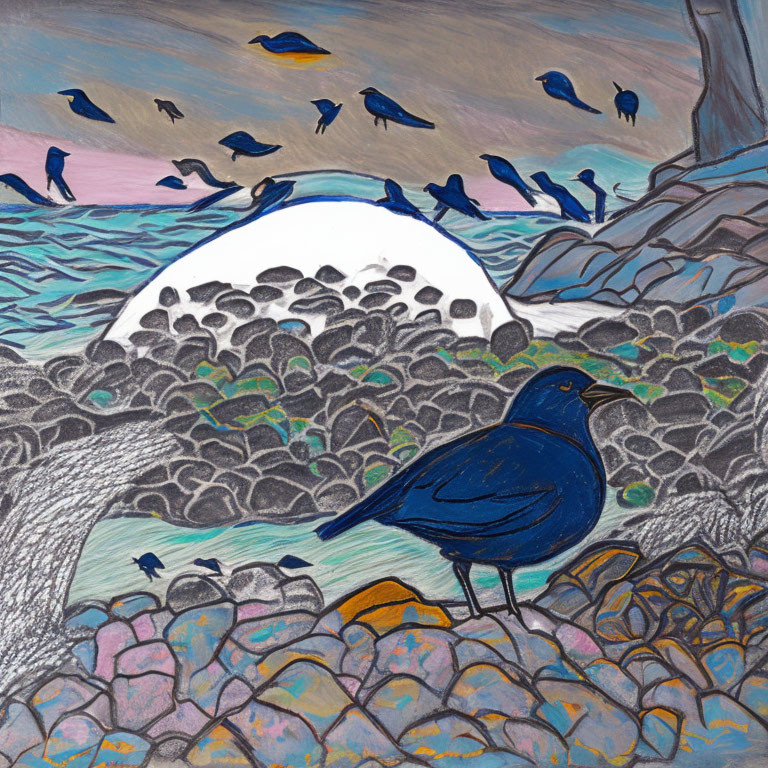 Colorful artwork featuring blue bird on rocky landscape with setting sun and flying bird silhouettes