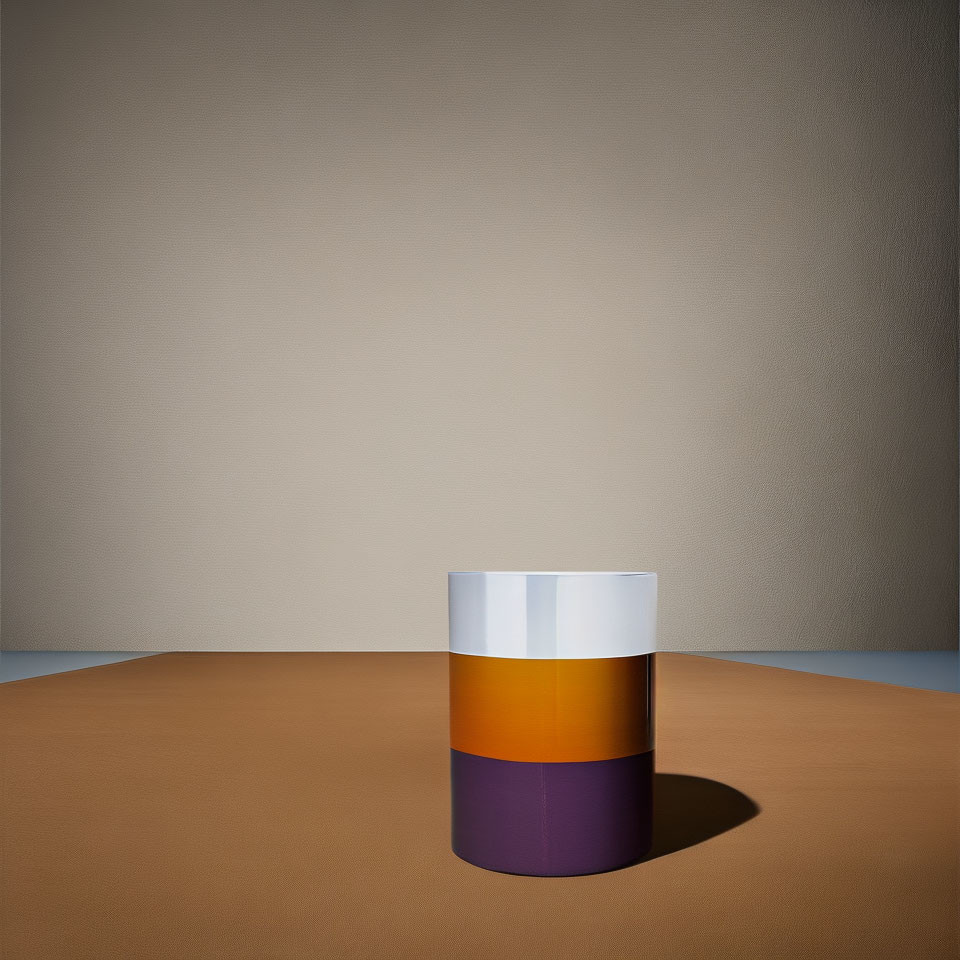 Colorful Striped Cylinder on Brown Surface with Beige Wall
