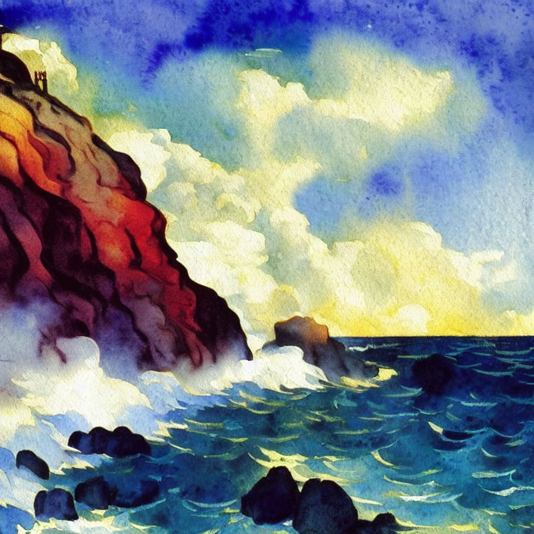 Vivid watercolor painting: Tumultuous sea, rocky cliff, dramatic sky.