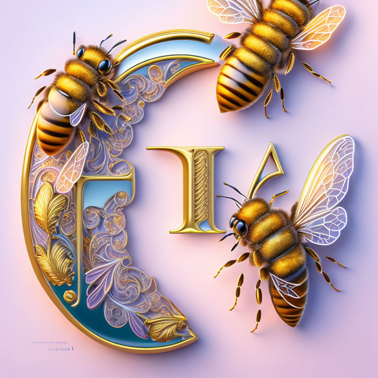 Realistic bees with intricate wings around decorative letter "E" on lavender background