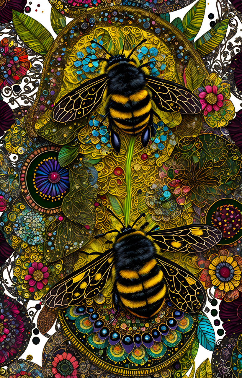 Colorful bee illustrations with intricate floral patterns