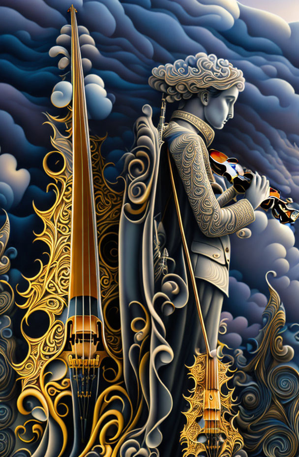 Classical musician digital artwork with cello in stylized setting