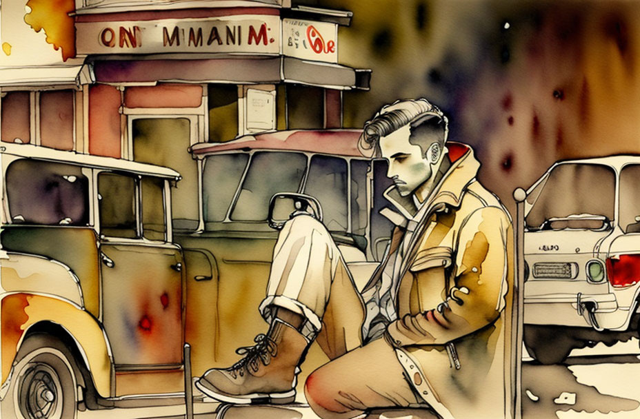 Illustration of man at bus stop with warm watercolor tones