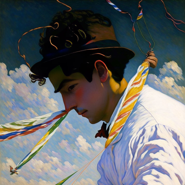 Person in white shirt with colorful kite strings under blue sky