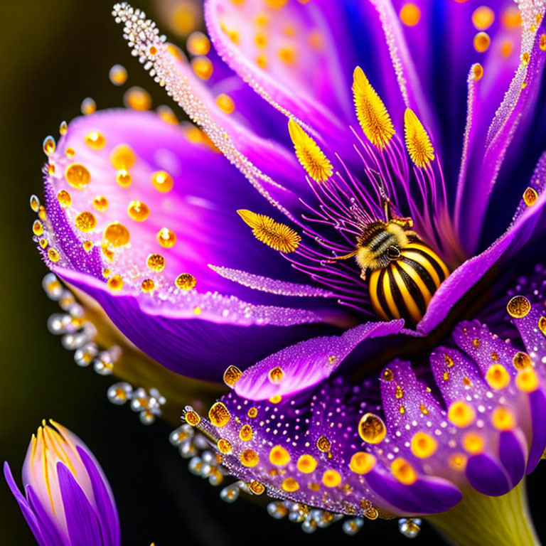 Vibrant purple flower with yellow stamens, water droplets, and a bee gathering pollen