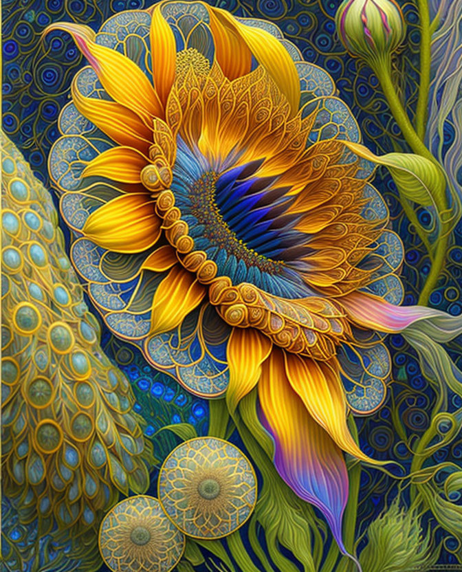 Colorful digital artwork of a stylized sunflower with intricate patterns