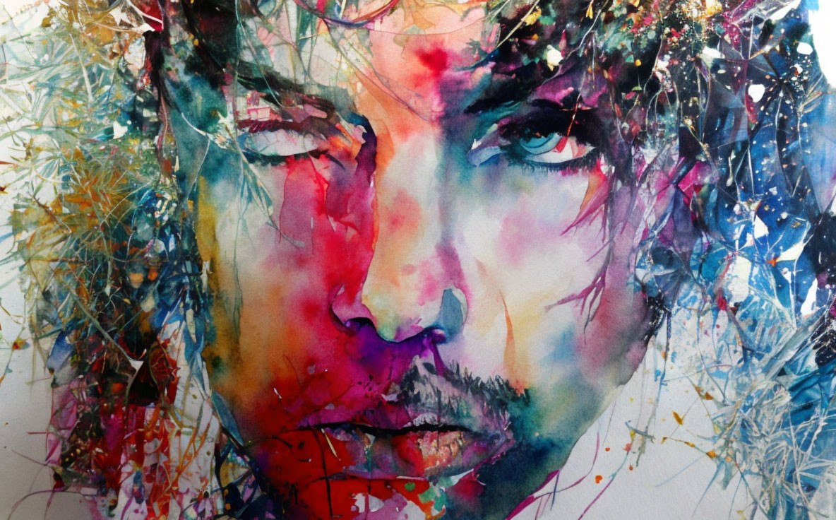 Colorful Abstract Watercolor Portrait with Detailed Facial Features