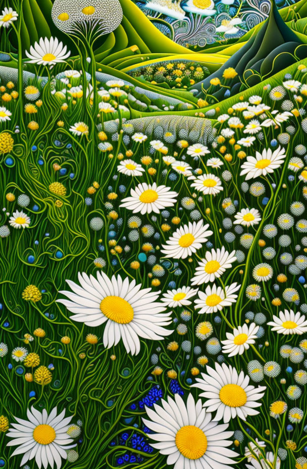 Detailed daisy illustration in surreal landscape of swirling greens and blues