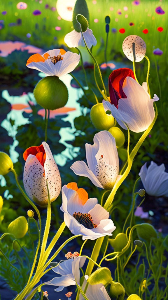 White and red flowers bloom by tranquil pond with lily pads in warmly-lit setting