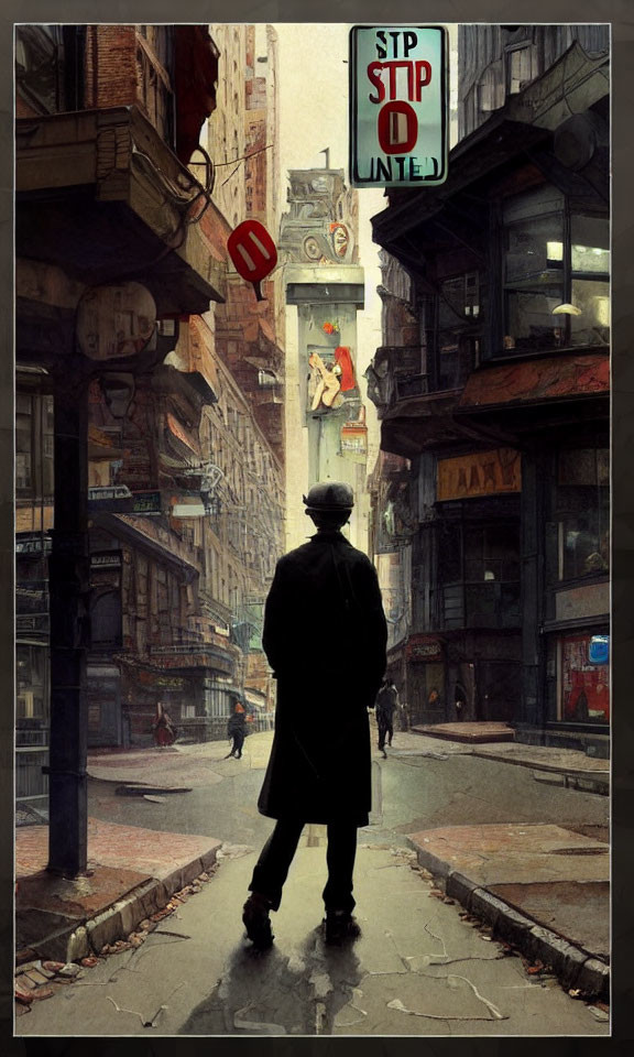 Person in trench coat and hat in moody, rain-soaked alley with old buildings and neon signs