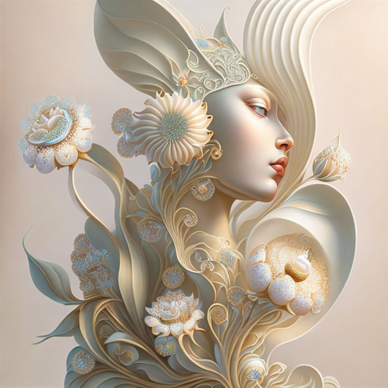 Stylized portrait of a pale woman with white and gold botanical elements