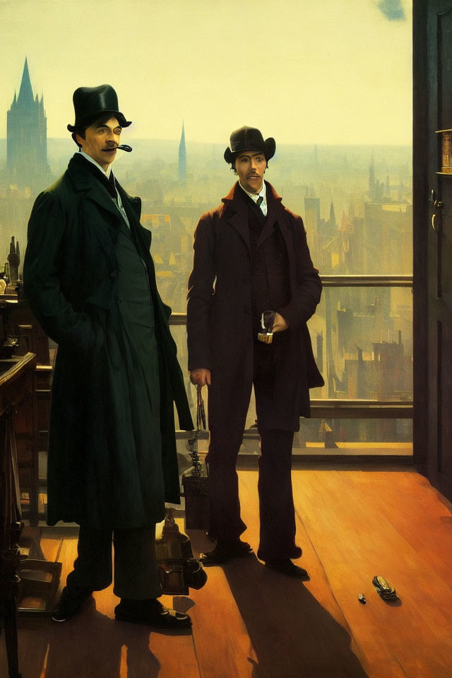 Men in vintage attire with hats and coats in a room overlooking cityscape.