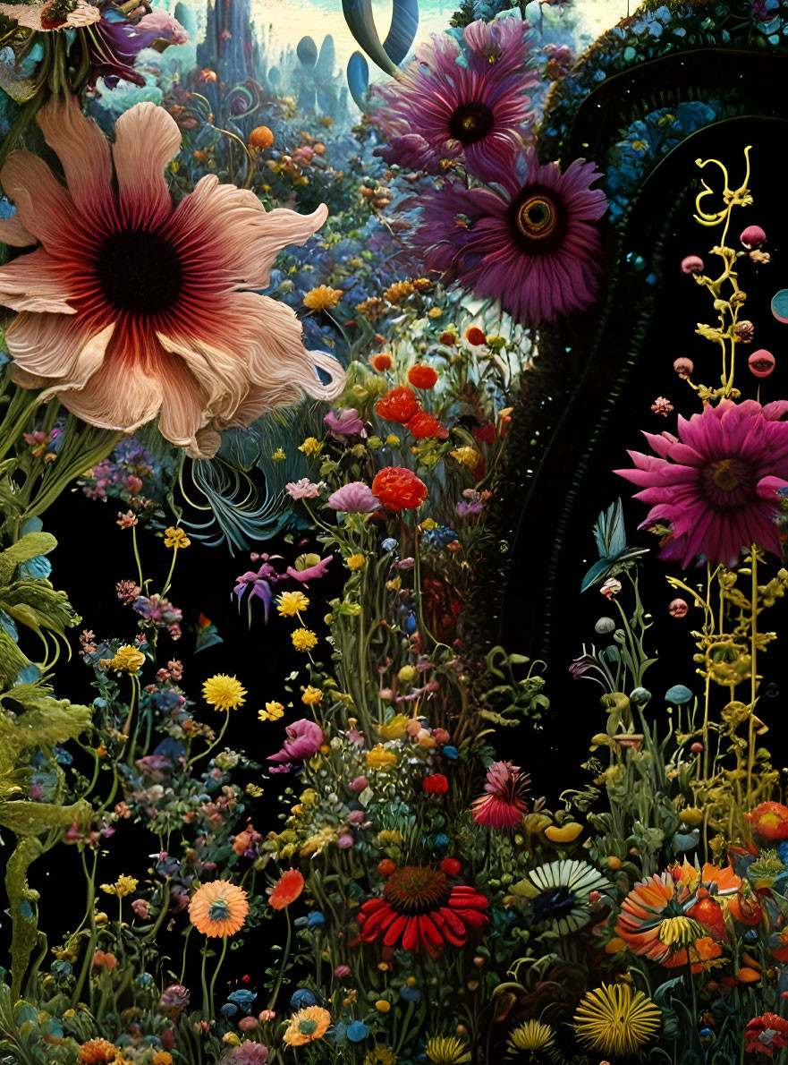 Colorful Floral Scene Against Dark Background: Intricate and Vibrant Flowers with Fantastical Ambiance