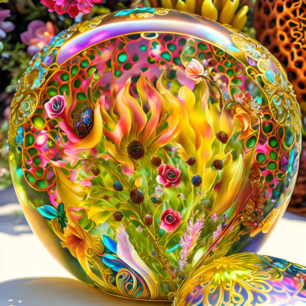Colorful sphere with floral patterns and gold details for a fantastical vibe