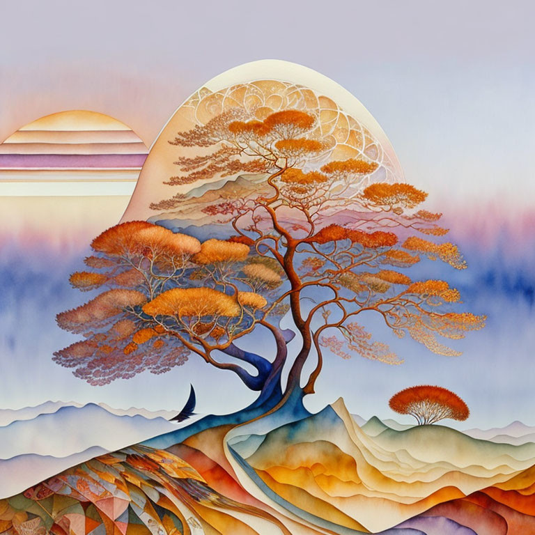 Vivid orange tree painting with gradient sky and abstract landscape