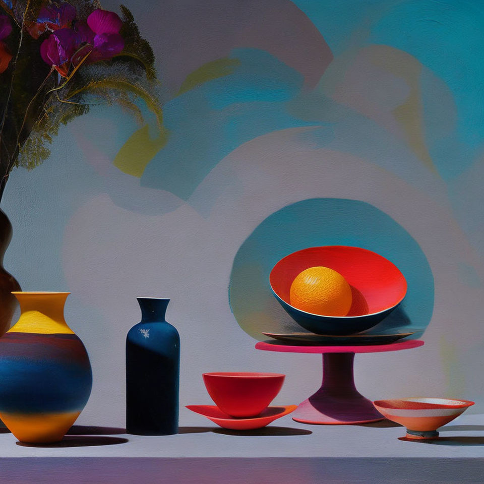 Colorful vases and bowls on table with floral backdrop and orange centerpiece