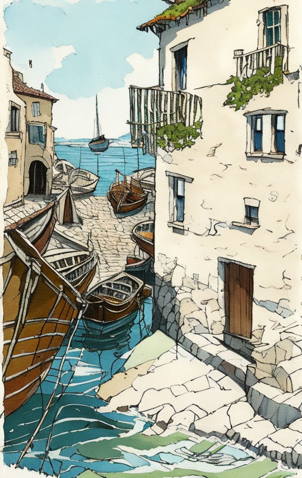 Traditional boats in narrow waterway of quaint seaside town