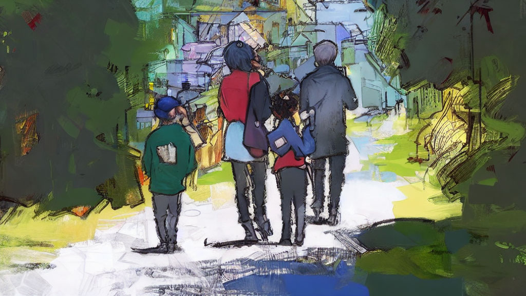 Vibrant urban sketch with three walking figures