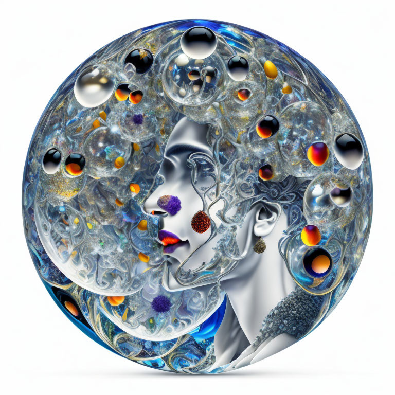 Intricate sphere with reflective patterns and subtle face silhouette