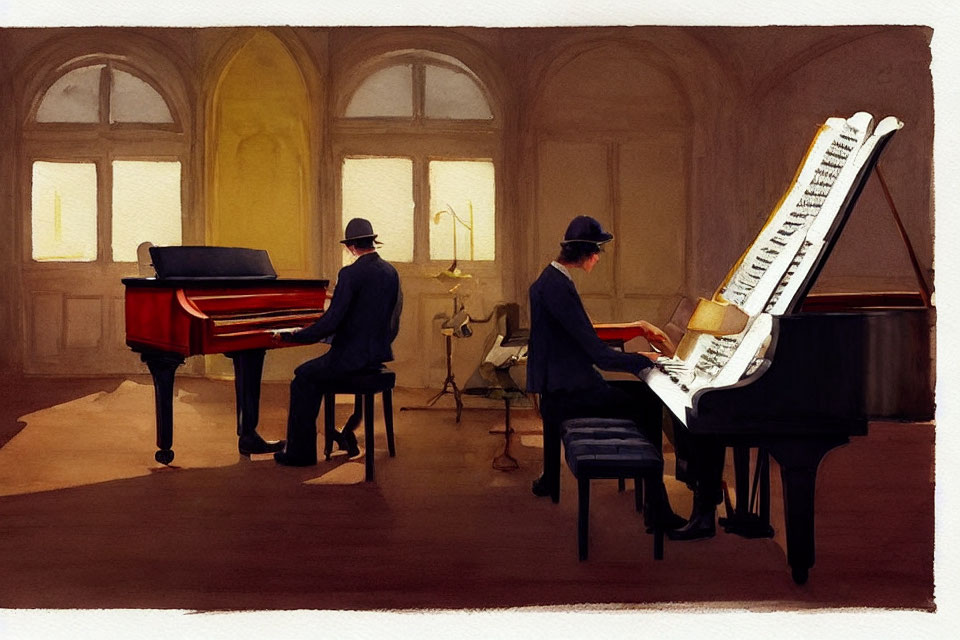 Two individuals playing grand pianos in a room with arched windows and warm lighting.