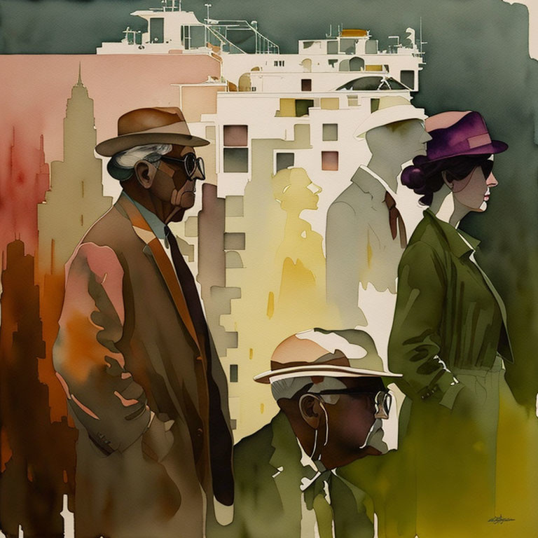 Stylized vintage figures in urban setting with soft watercolor palette