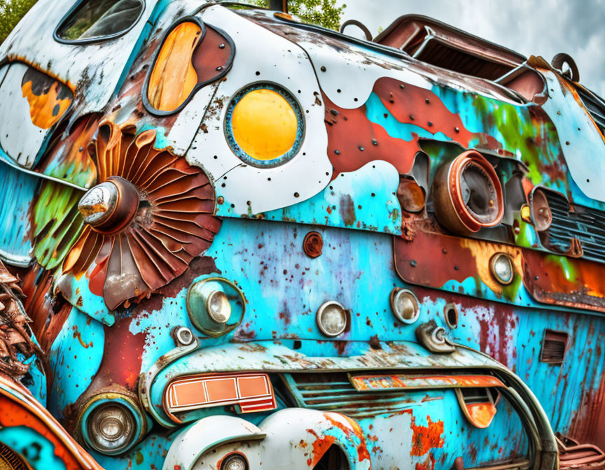Rusted vintage car with peeling paint and chrome details