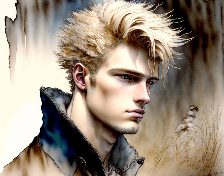 Illustration of serious young man with spiked blonde hair in dark jacket against natural backdrop