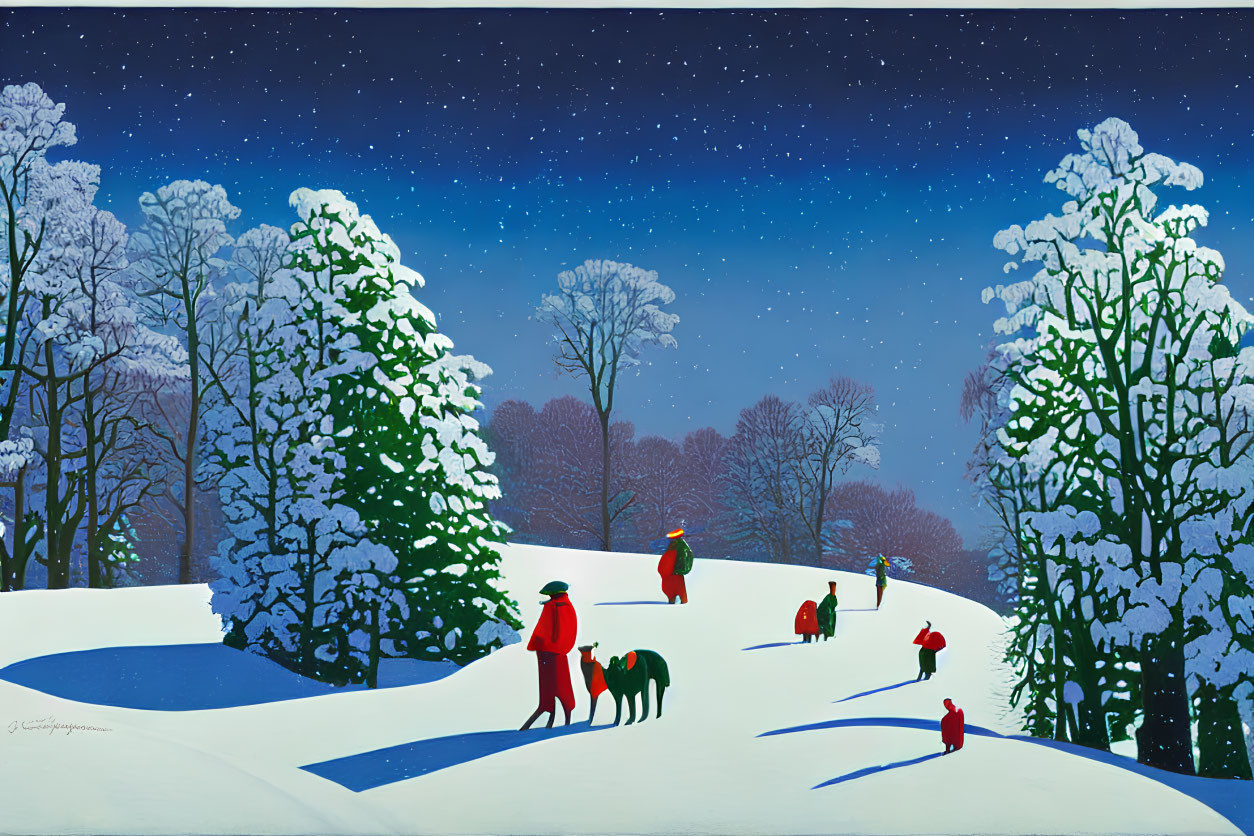 Starry winter night with people and dogs in snowy landscape
