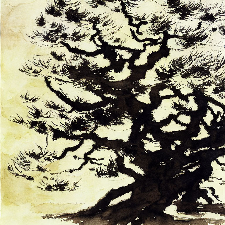 Robust tree with intricate branches in ink-wash painting