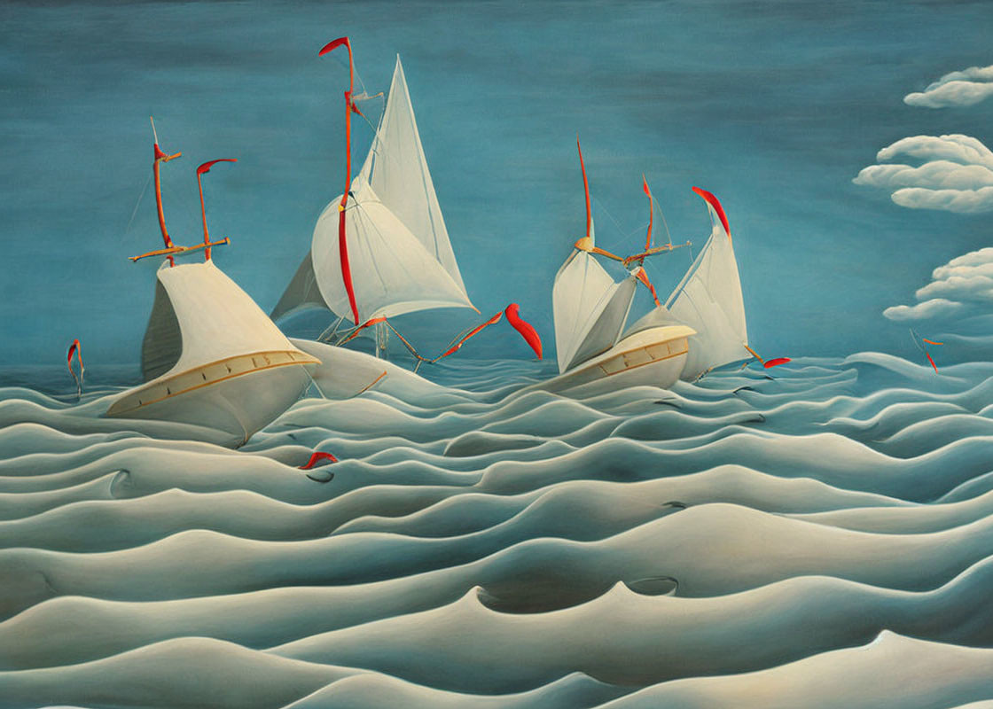 Stylized sailboats with red accents on surreal wavy sea.