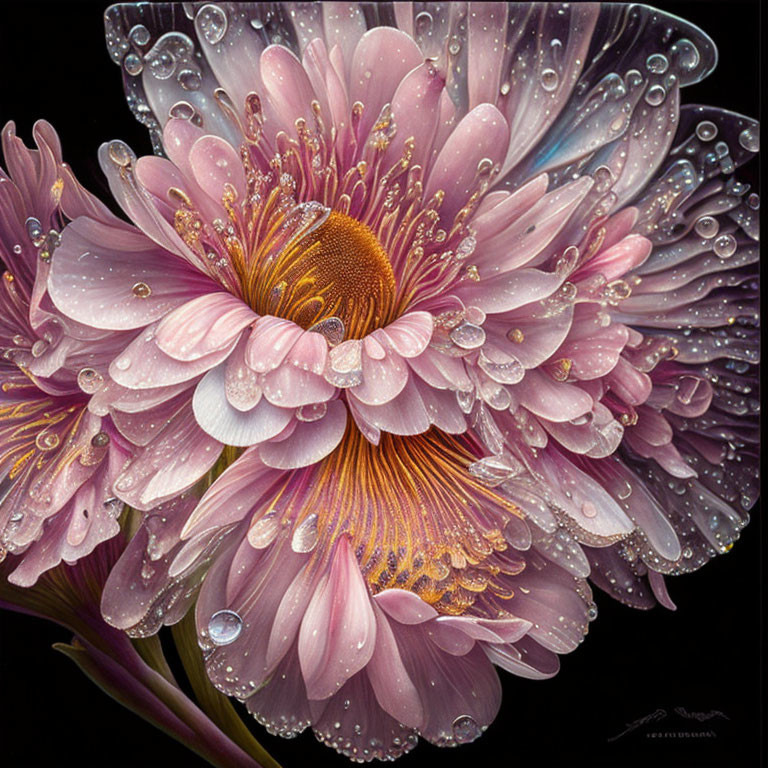 Detailed view of dew-covered pink flower with intricate petals and golden center on dark backdrop