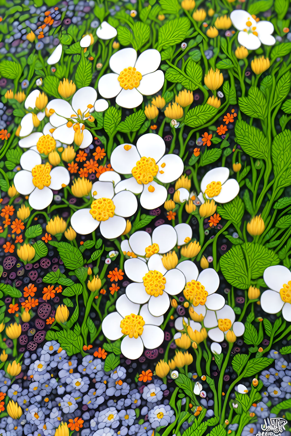 Colorful Floral Pattern with White, Green, Orange, and Blue Blossoms
