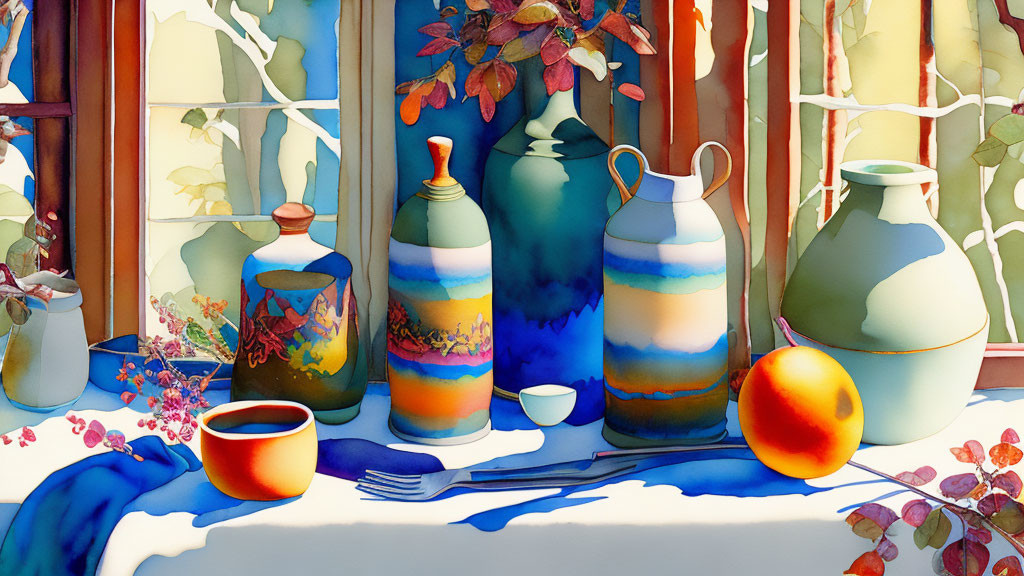 Vibrant still life painting with ceramic vases, cup, bowl, cutlery, and