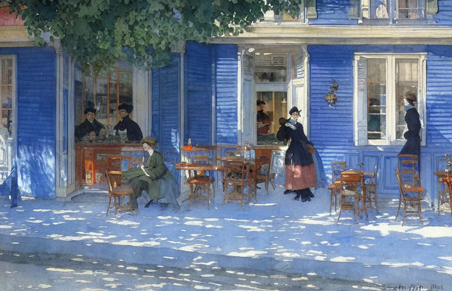 Outdoor cafe scene with patrons, woman, and waiter under green tree