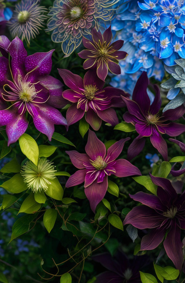 Colorful flower arrangement with purple clematis, blue hydrangeas, and green foliage