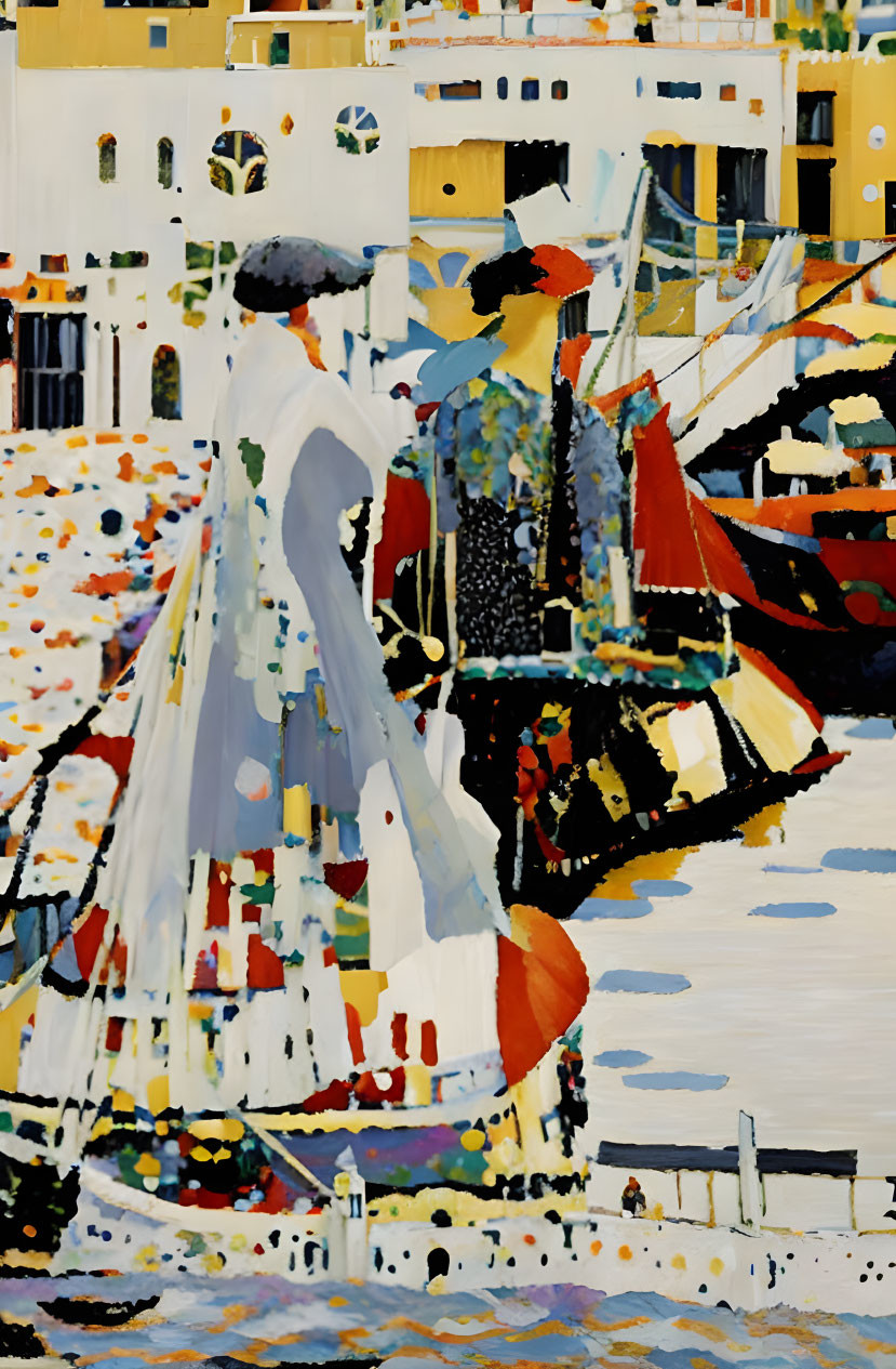 People in white and black attire at harbor with colorful boats and buildings in pointillist style