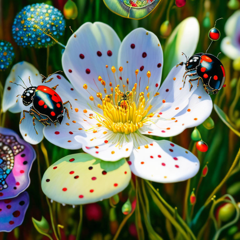 Ladybugs on White Flower in Colorful Fantasy Setting