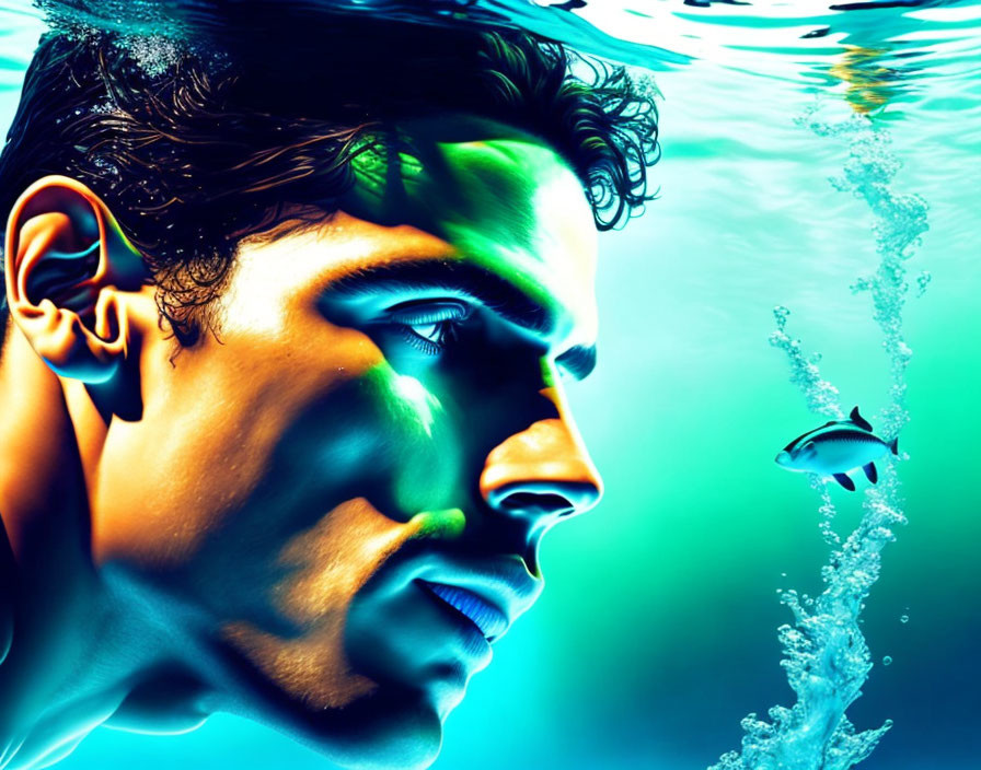 Man submerged in water with fish and bubbles under dynamic lighting