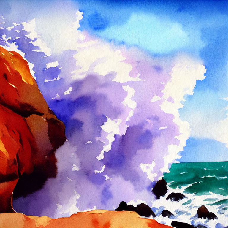 Vibrant watercolor painting: Forceful wave against rocky cliff