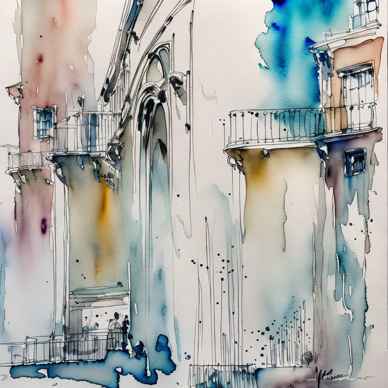 Archway and balconies in fluid watercolor painting